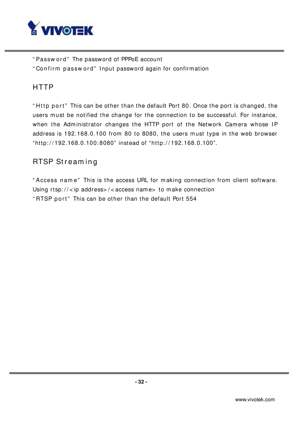 Vivotek PT7137 manual Http, Rtsp Streaming 