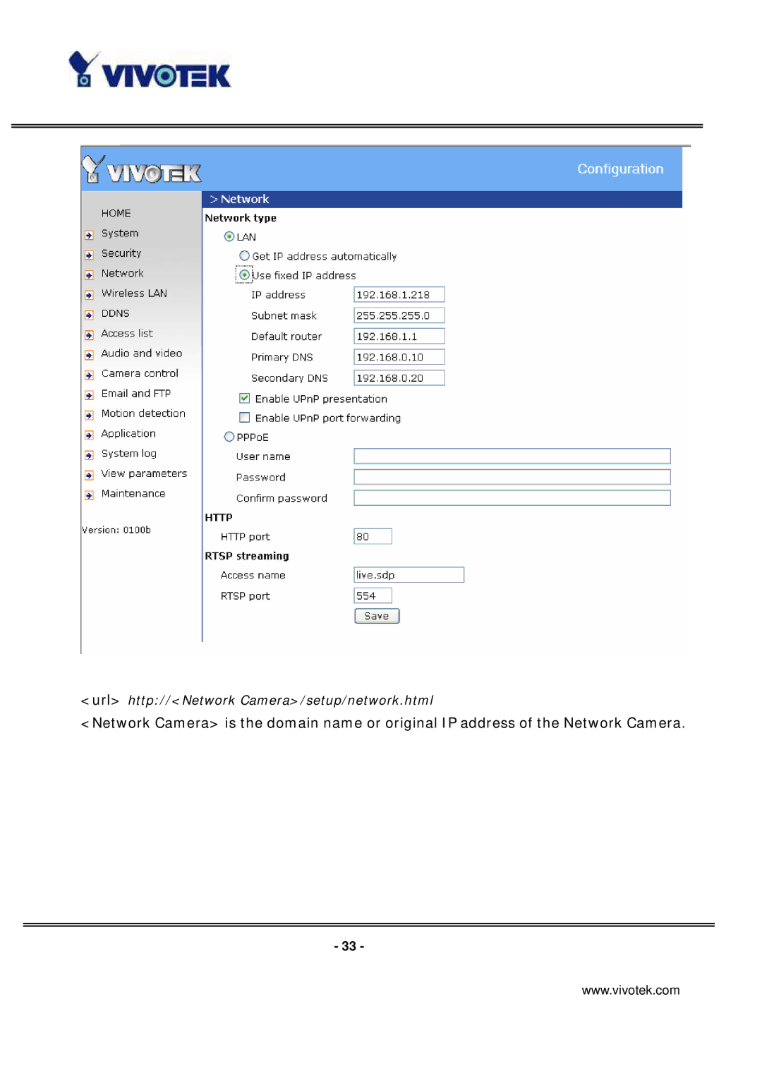 Vivotek PT7137 manual Url http//Network Camera/setup/network.html 