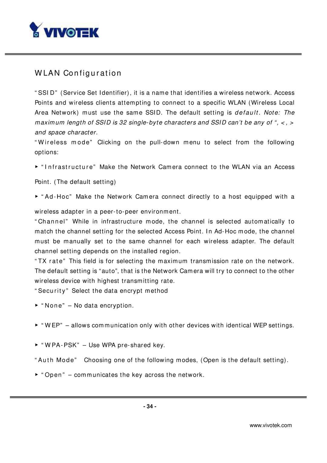 Vivotek PT7137 manual Wlan Configuration 