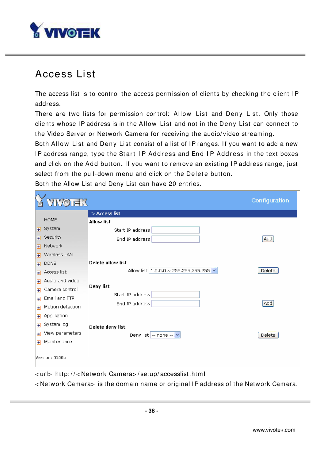 Vivotek PT7137 manual Access List 