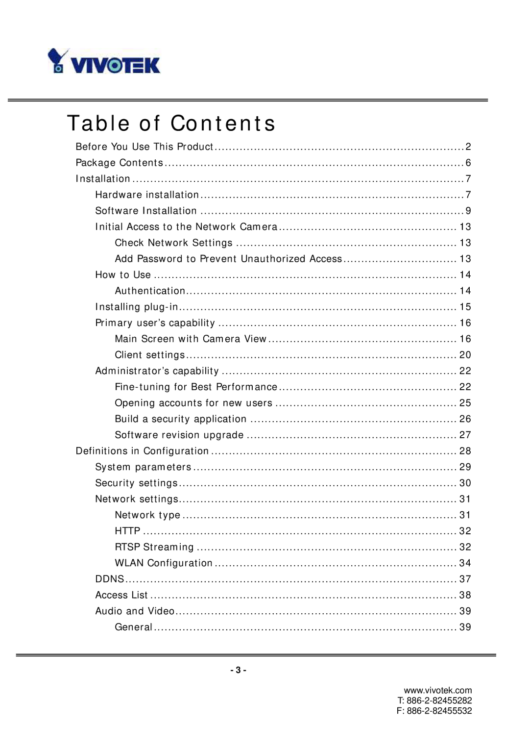 Vivotek PT7137 manual Table of Contents 