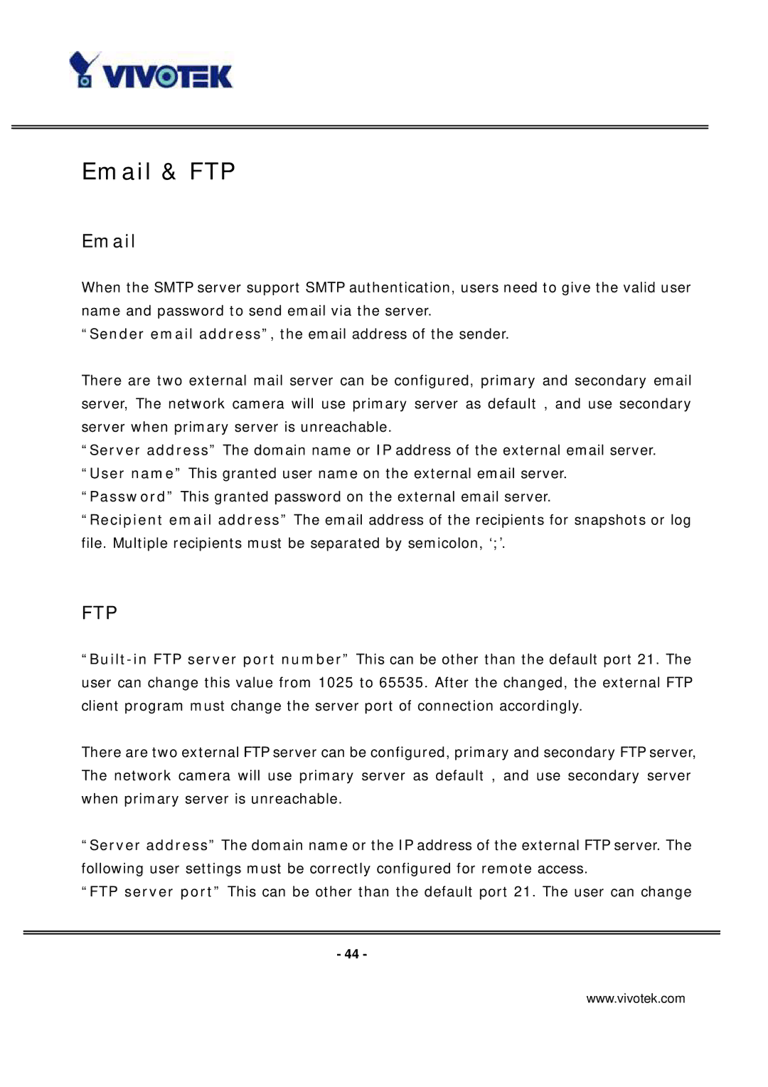 Vivotek PT7137 manual Email & FTP, Ftp 