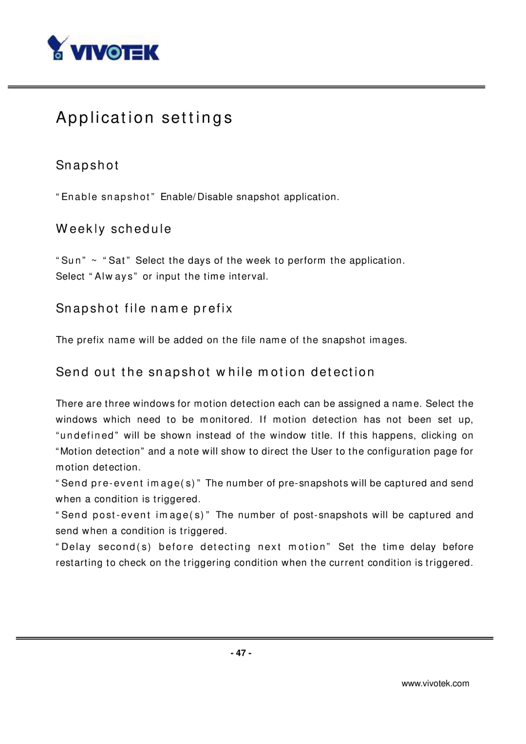 Vivotek PT7137 manual Application settings, Weekly schedule, Snapshot file name prefix 