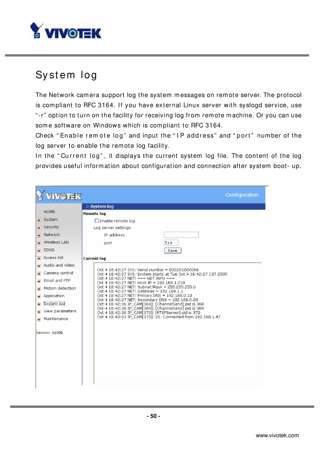 Vivotek PT7137 manual System log 