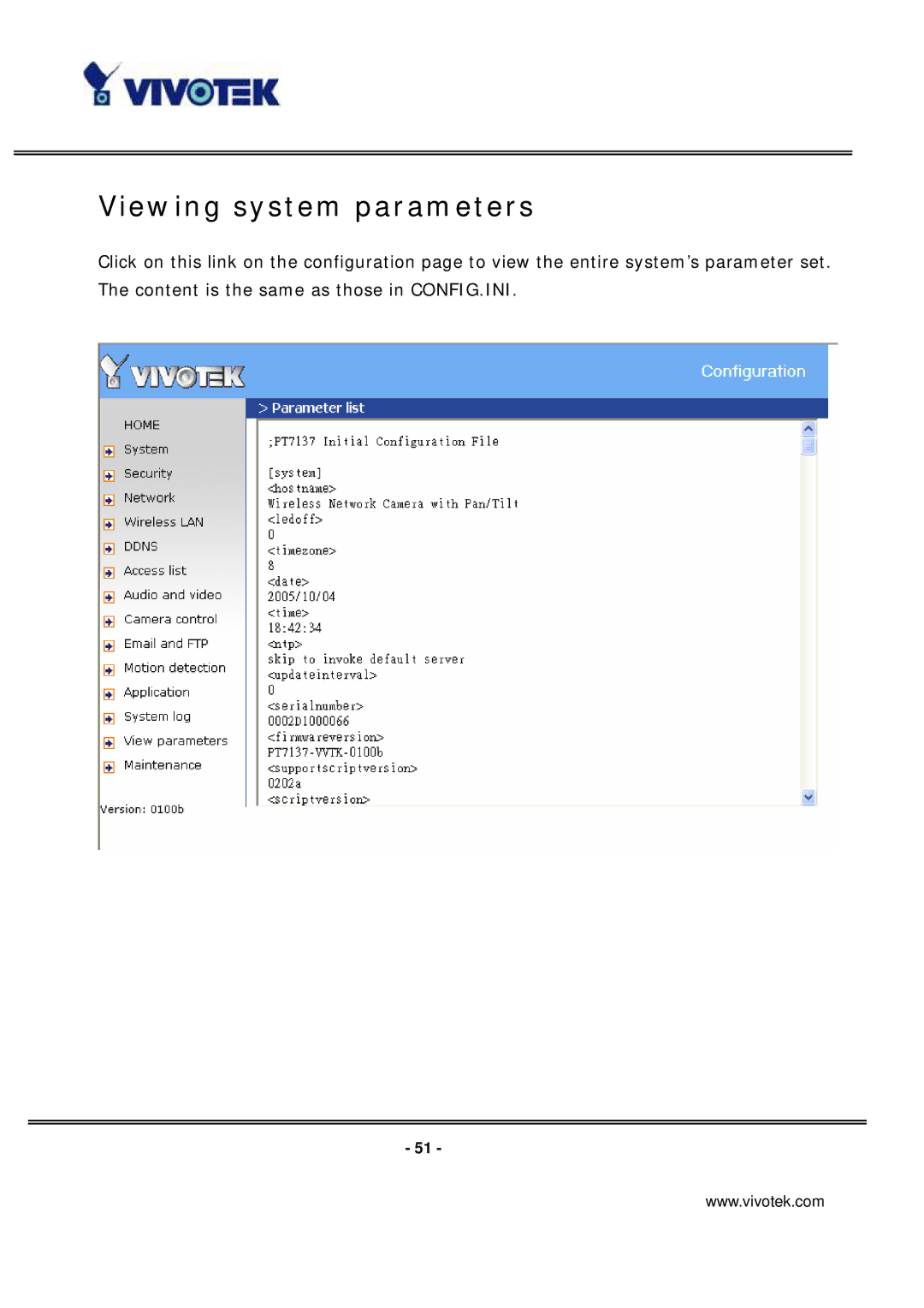 Vivotek PT7137 manual Viewing system parameters 