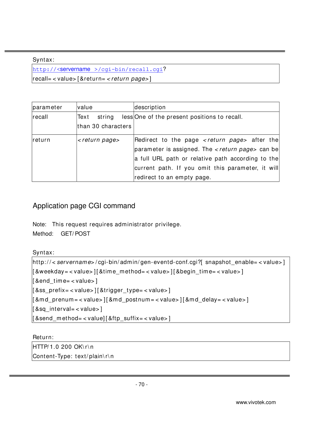 Vivotek PT7137 manual Application page CGI command 