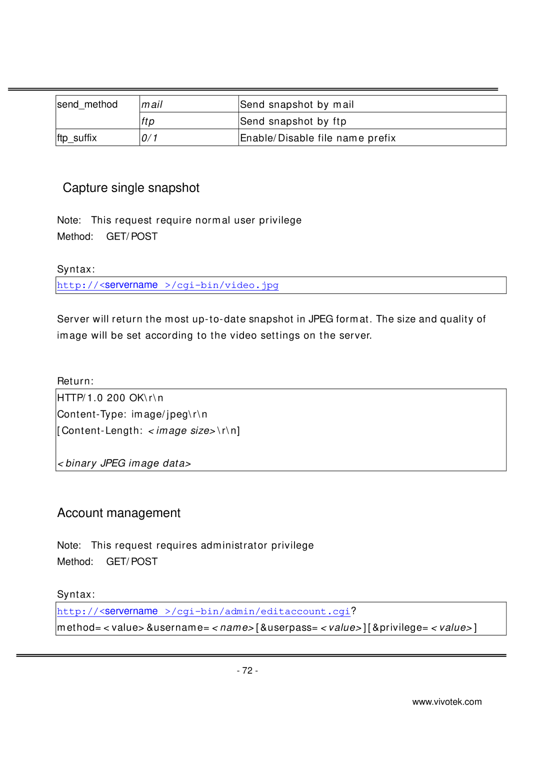 Vivotek PT7137 manual Capture single snapshot, Account management 