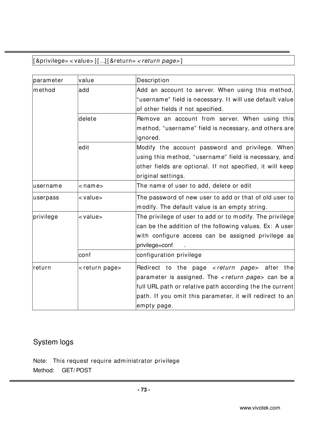 Vivotek PT7137 manual System logs, Privilege=conf 