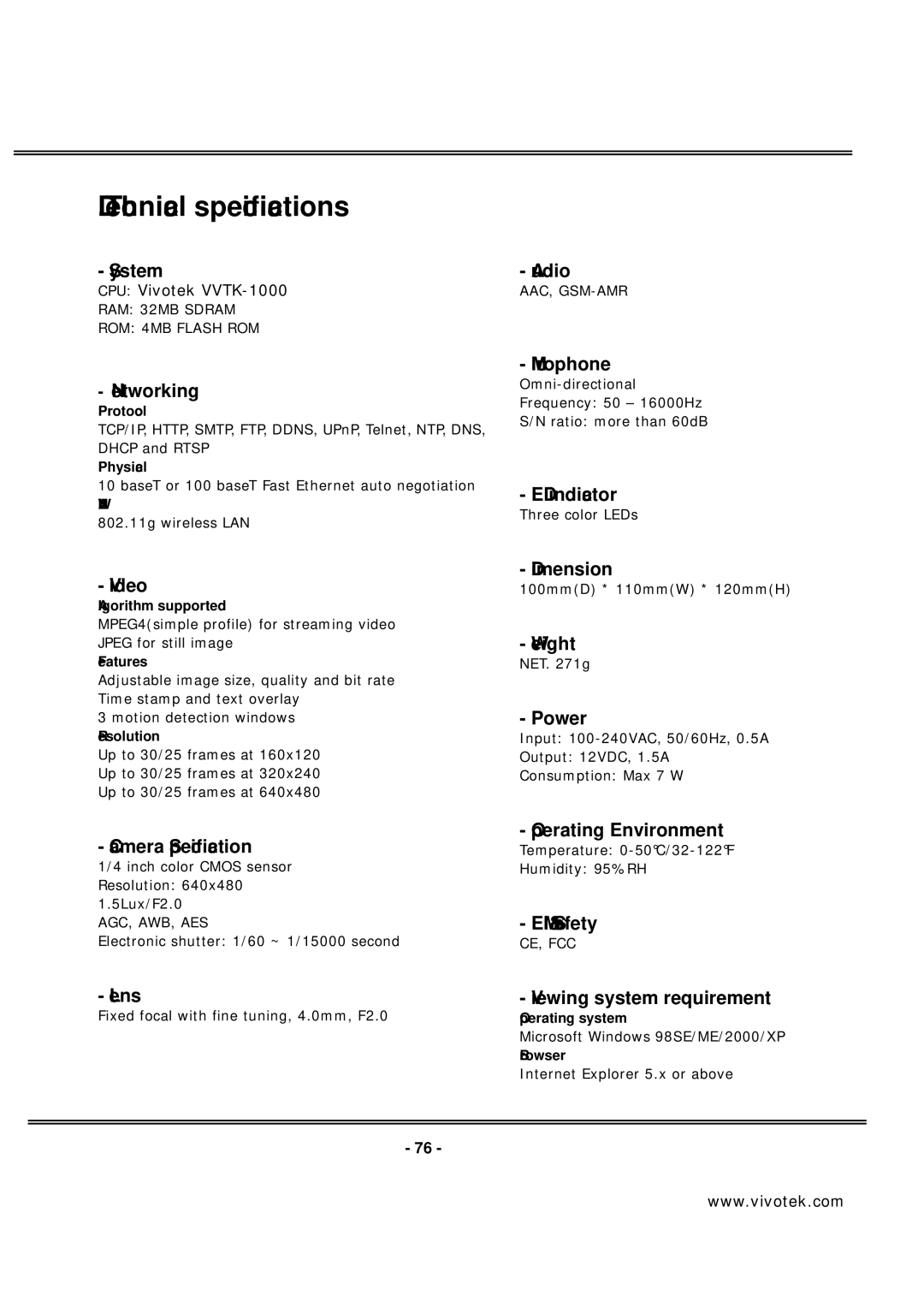 Vivotek PT7137 manual Technical specifications, Networking 