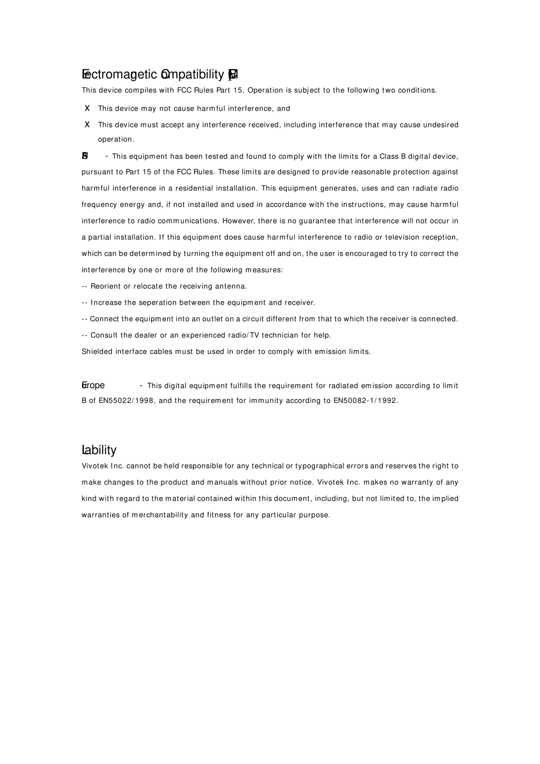 Vivotek PT7137 manual Electromagnetic Compatibility EMC, Liability 