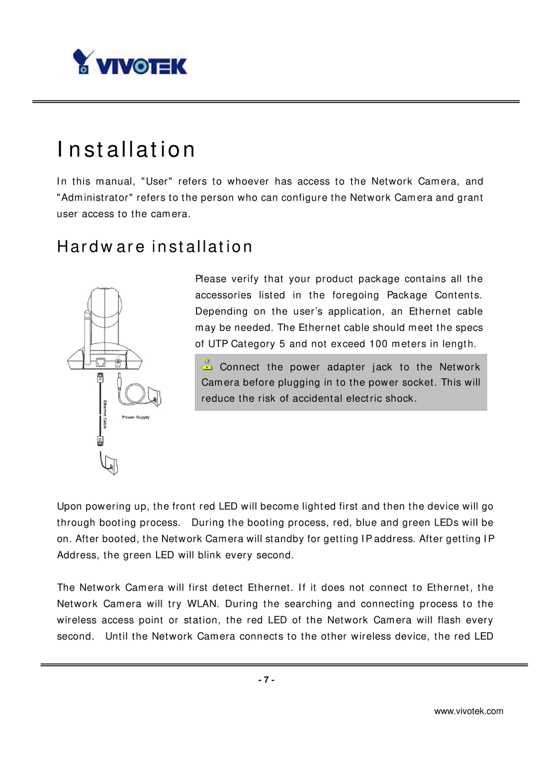 Vivotek PT7137 manual Installation, Hardware installation 