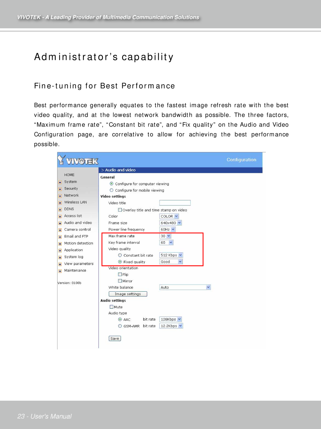 Vivotek PT71373GPP/ISMA manual Administrator’s capability, Fine-tuning for Best Performance 