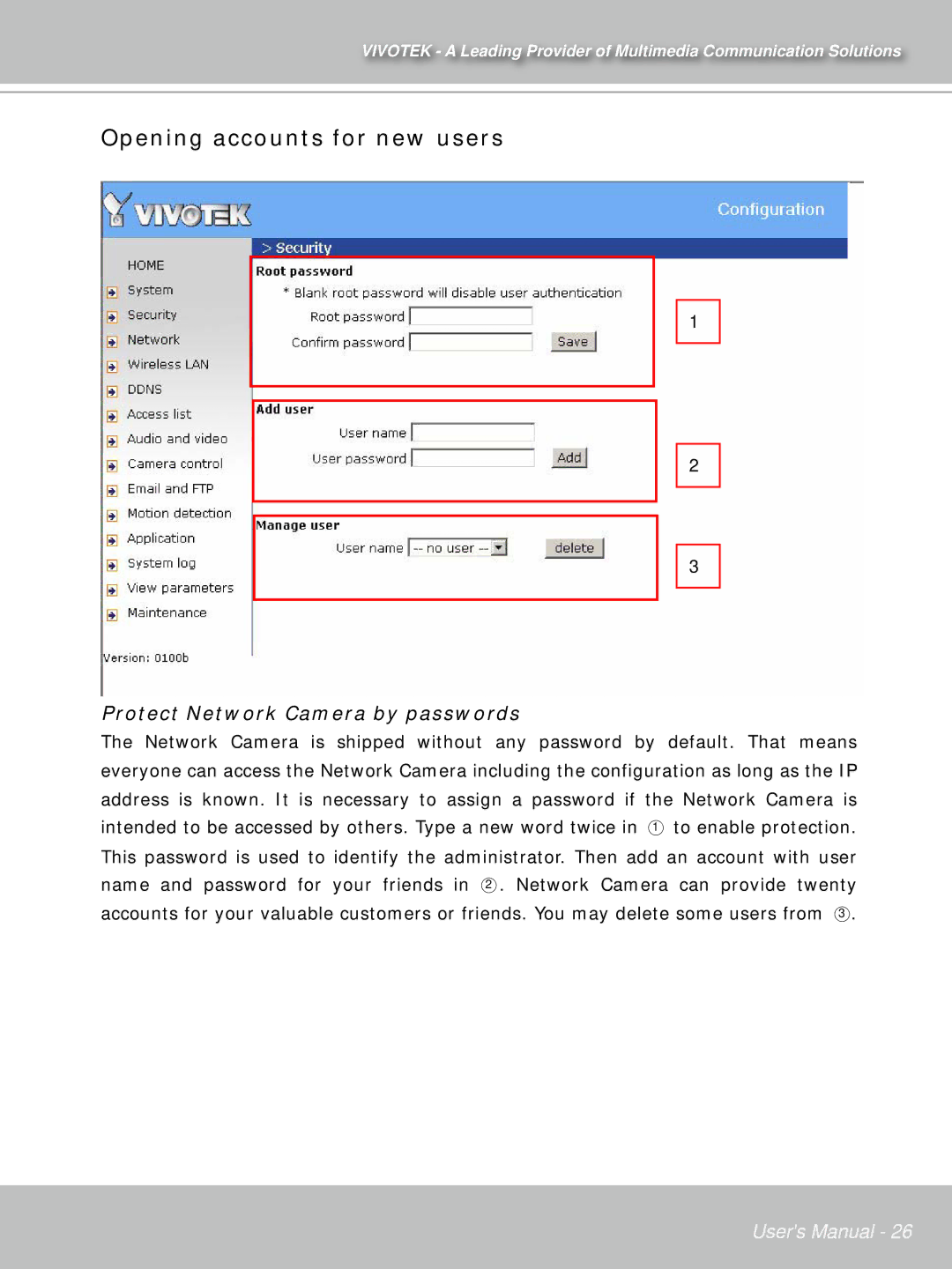 Vivotek PT71373GPP/ISMA manual Opening accounts for new users, Protect Network Camera by passwords 