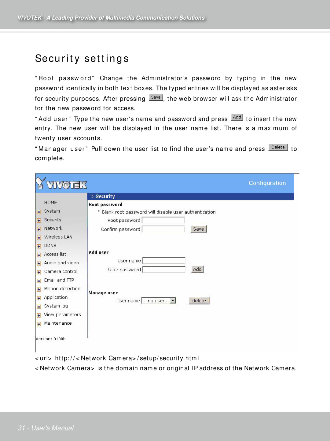 Vivotek PT71373GPP/ISMA manual Security settings 