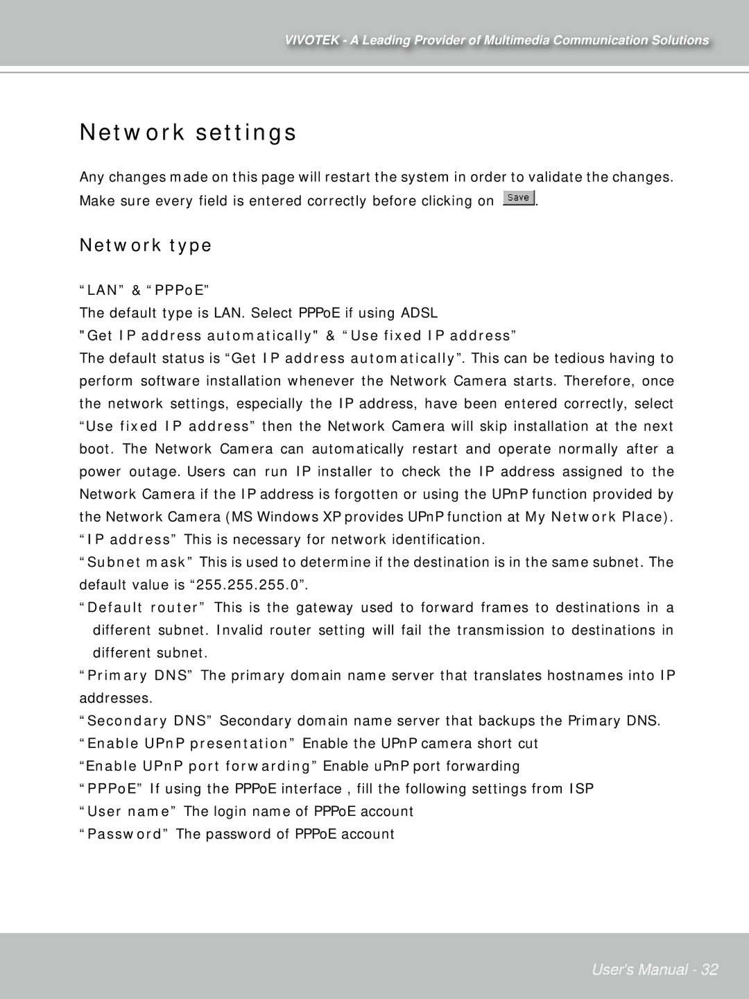 Vivotek PT71373GPP/ISMA Network settings, Network type, LAN & PPPoE, Get IP address automatically & Use fixed IP address 