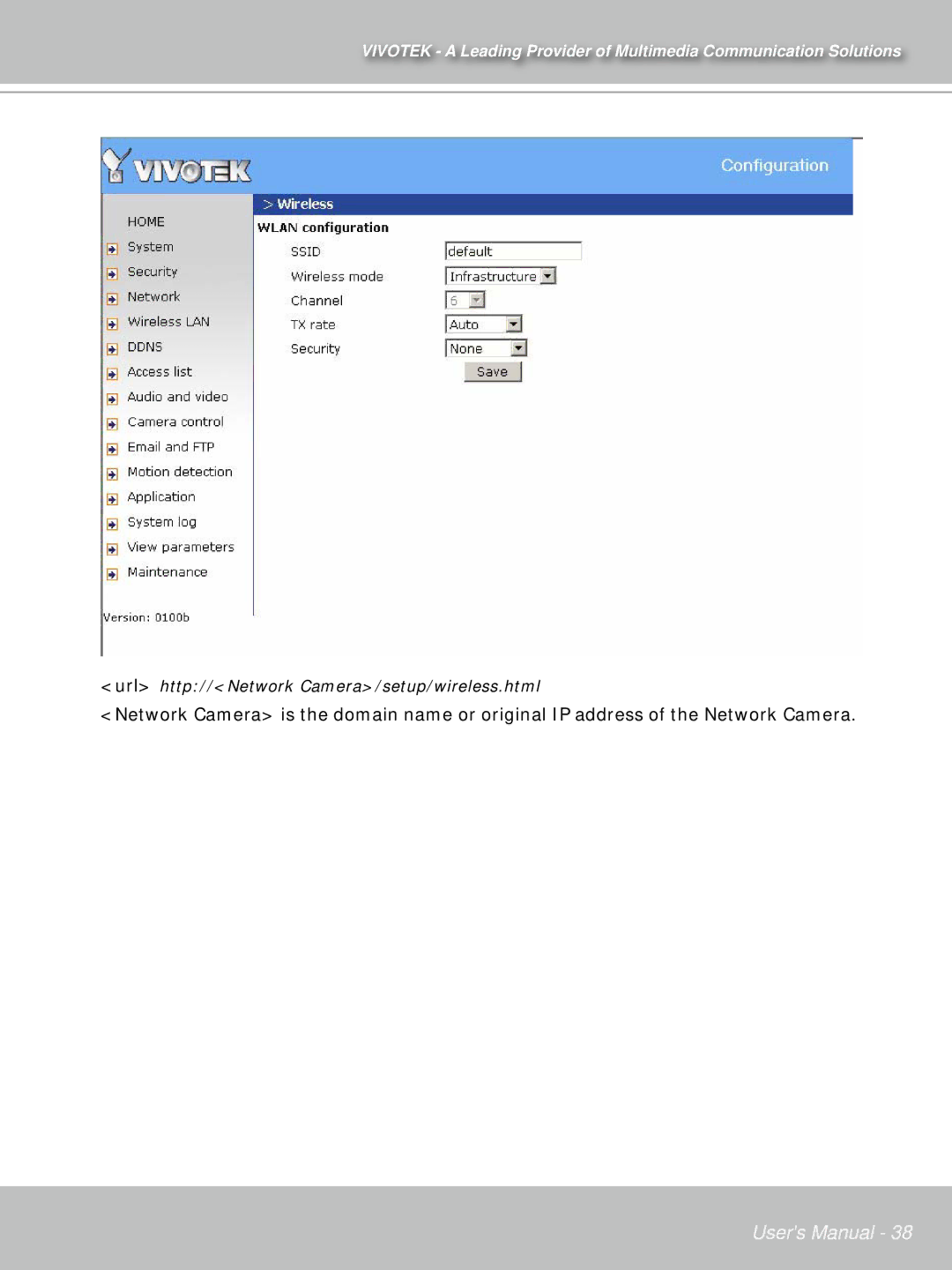 Vivotek PT71373GPP/ISMA manual Url http//Network Camera/setup/wireless.html 