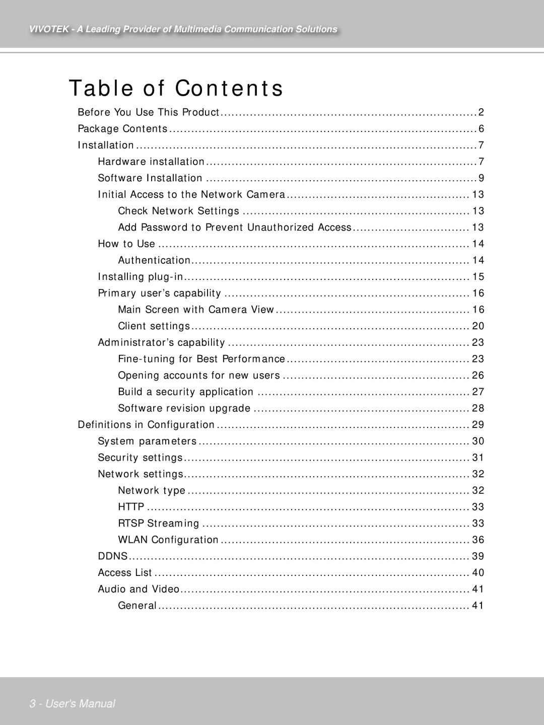 Vivotek PT71373GPP/ISMA manual Table of Contents 