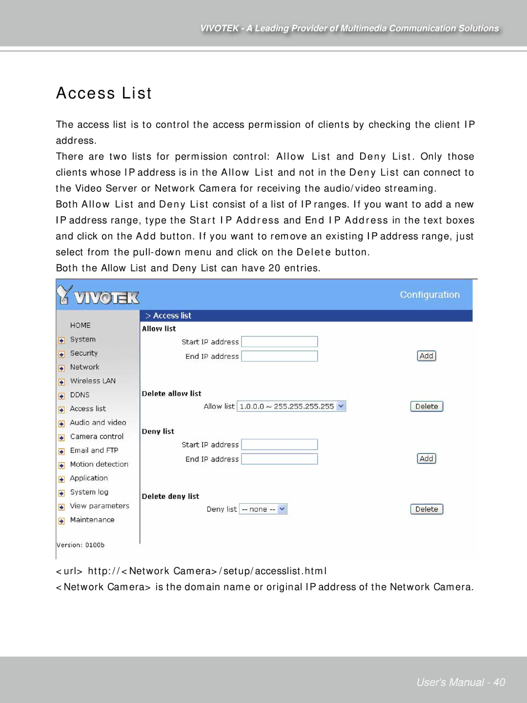 Vivotek PT71373GPP/ISMA manual Access List 