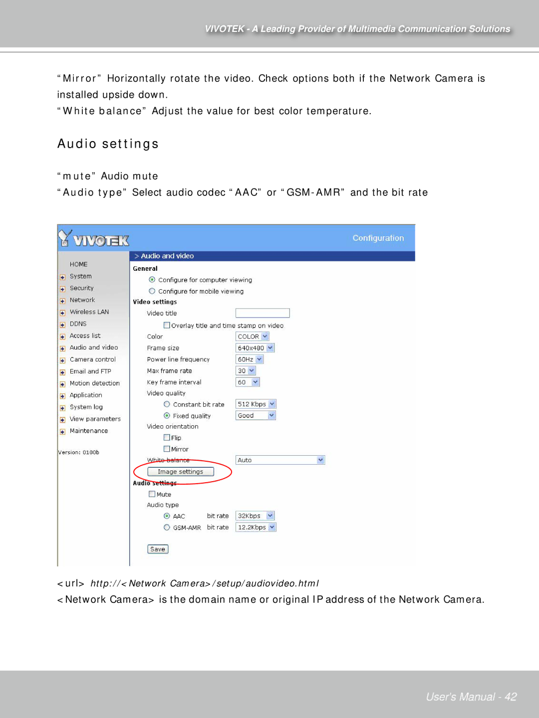 Vivotek PT71373GPP/ISMA manual Audio settings 