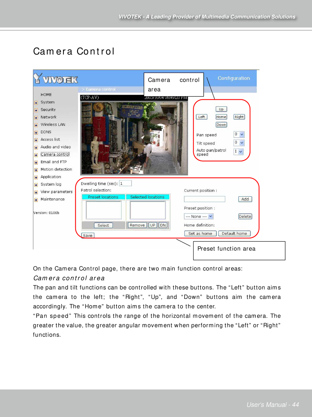 Vivotek PT71373GPP/ISMA manual Camera Control, Camera control area 