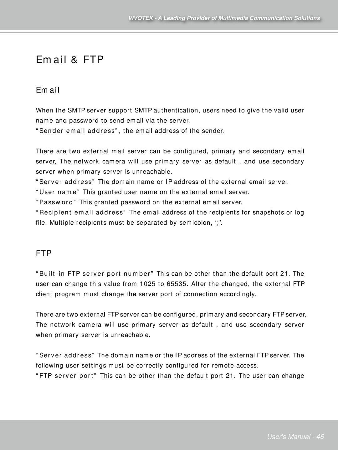 Vivotek PT71373GPP/ISMA manual Email & FTP, Ftp 