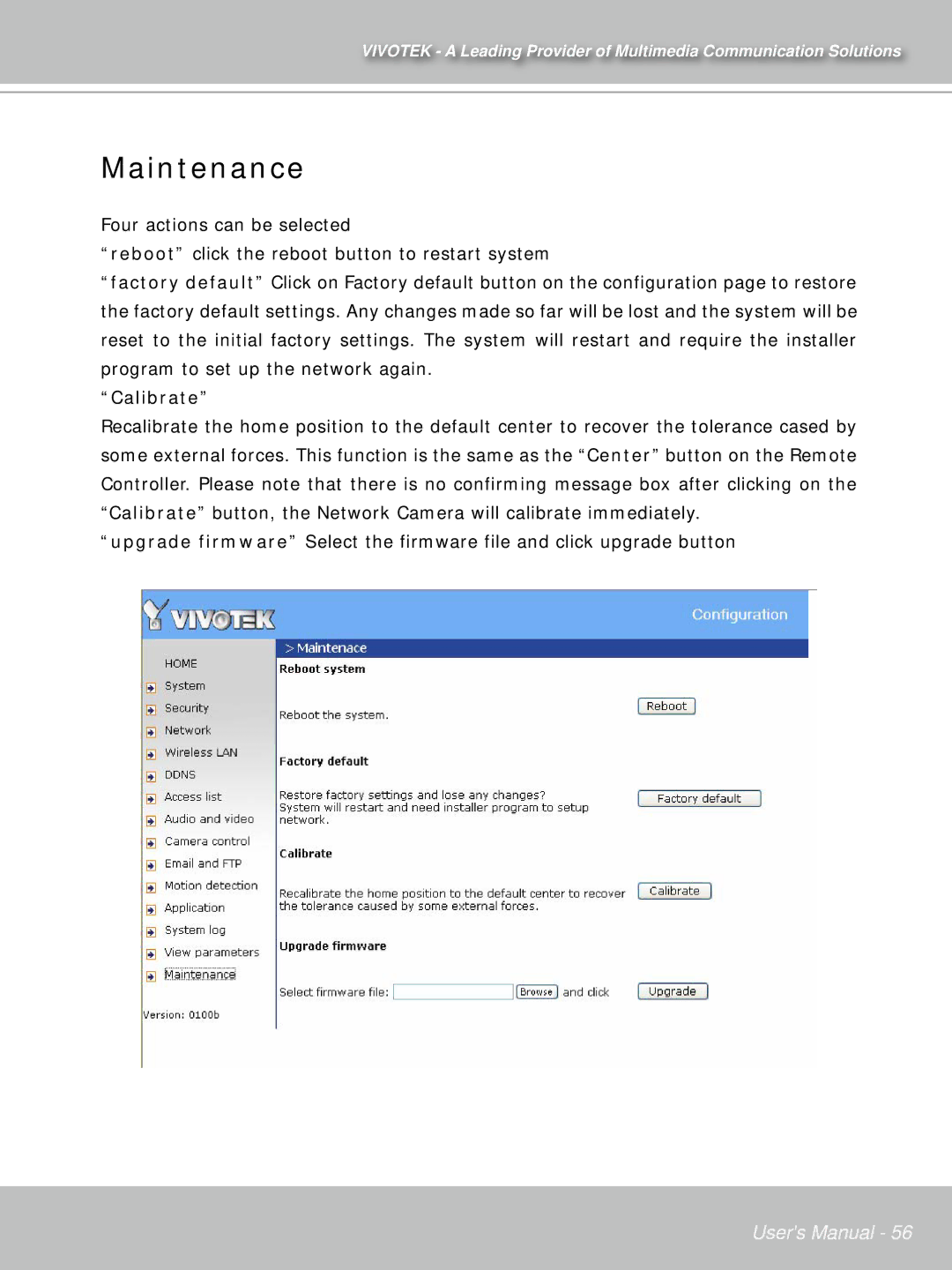 Vivotek PT71373GPP/ISMA manual Maintenance, Calibrate 