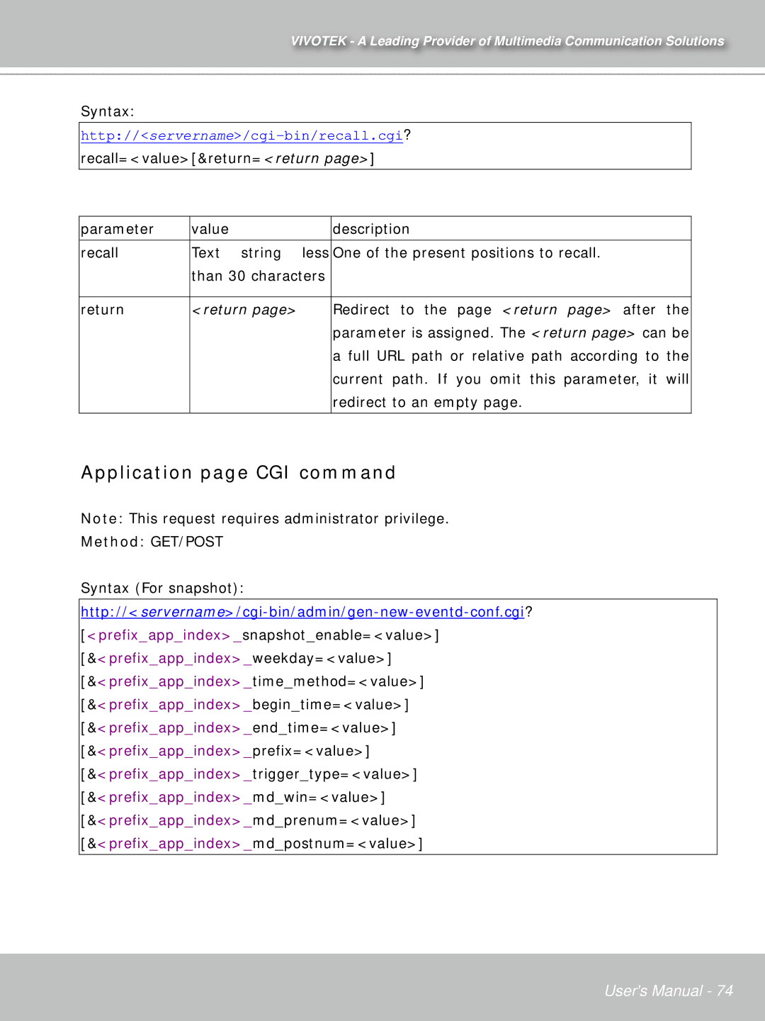 Vivotek PT71373GPP/ISMA manual Application page CGI command 