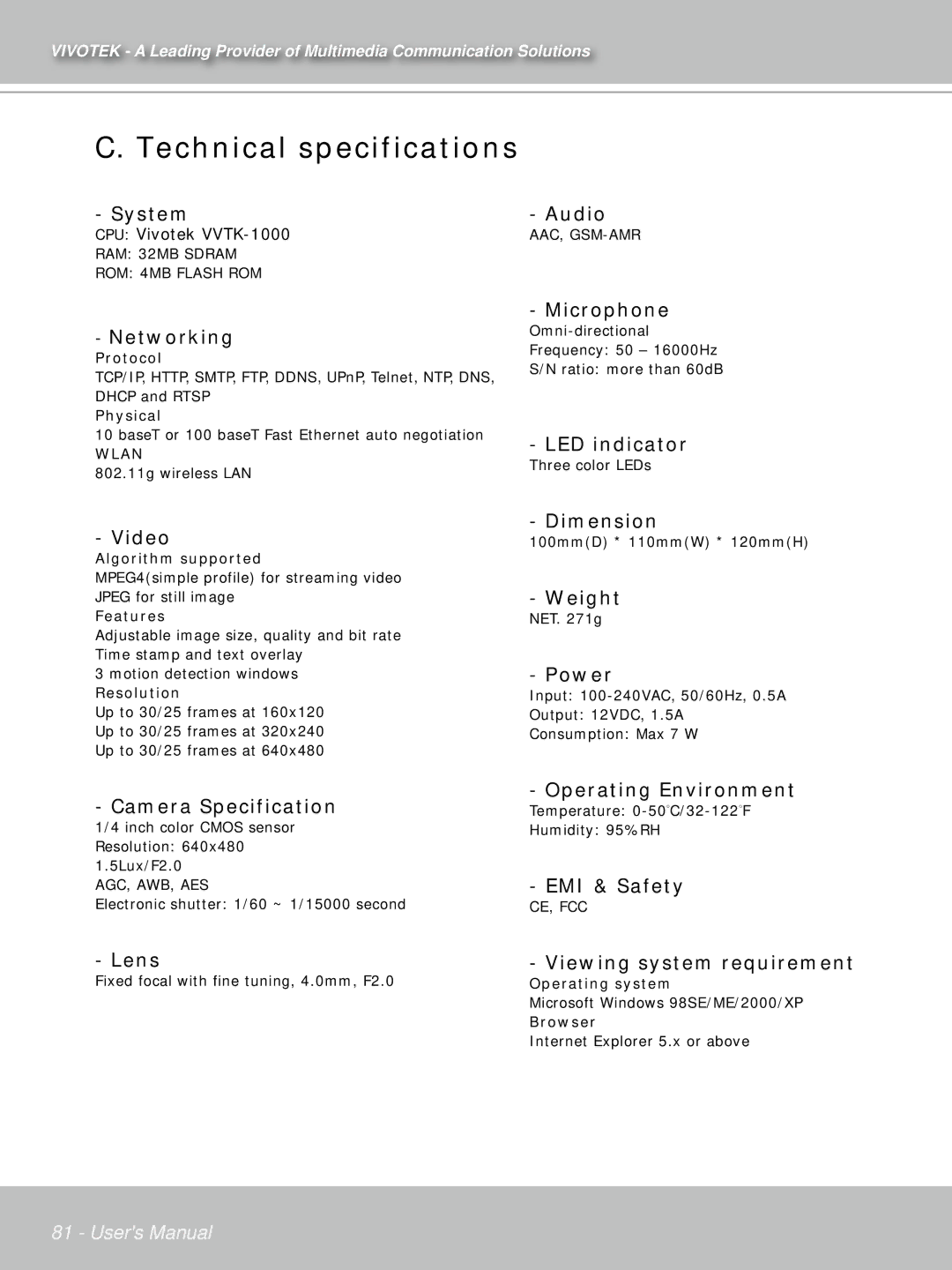 Vivotek PT71373GPP/ISMA manual Technical specifications, Networking 