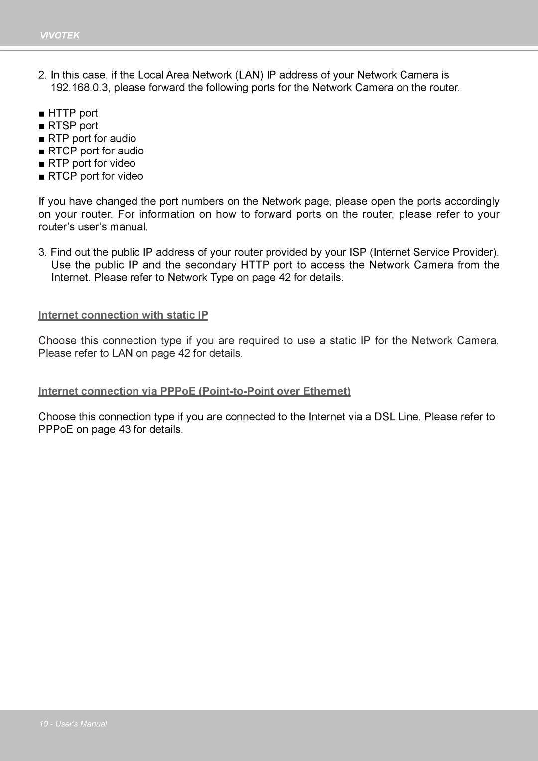 Vivotek PT8133 user manual Internet connection with static IP 
