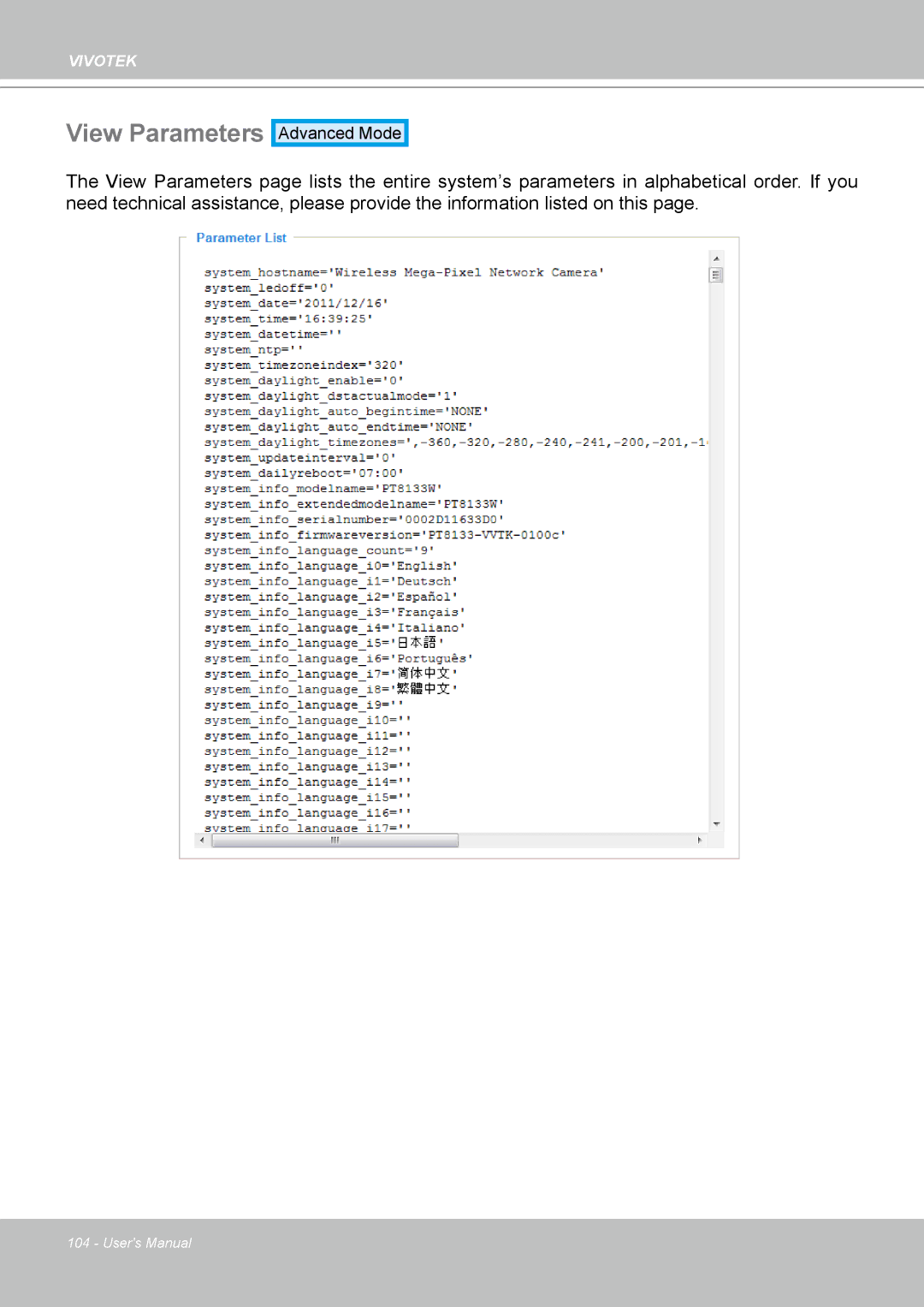 Vivotek PT8133 user manual View Parameters 