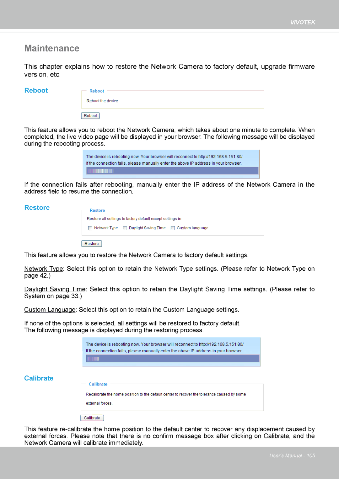 Vivotek PT8133 user manual Maintenance, Reboot, Restore, Calibrate 
