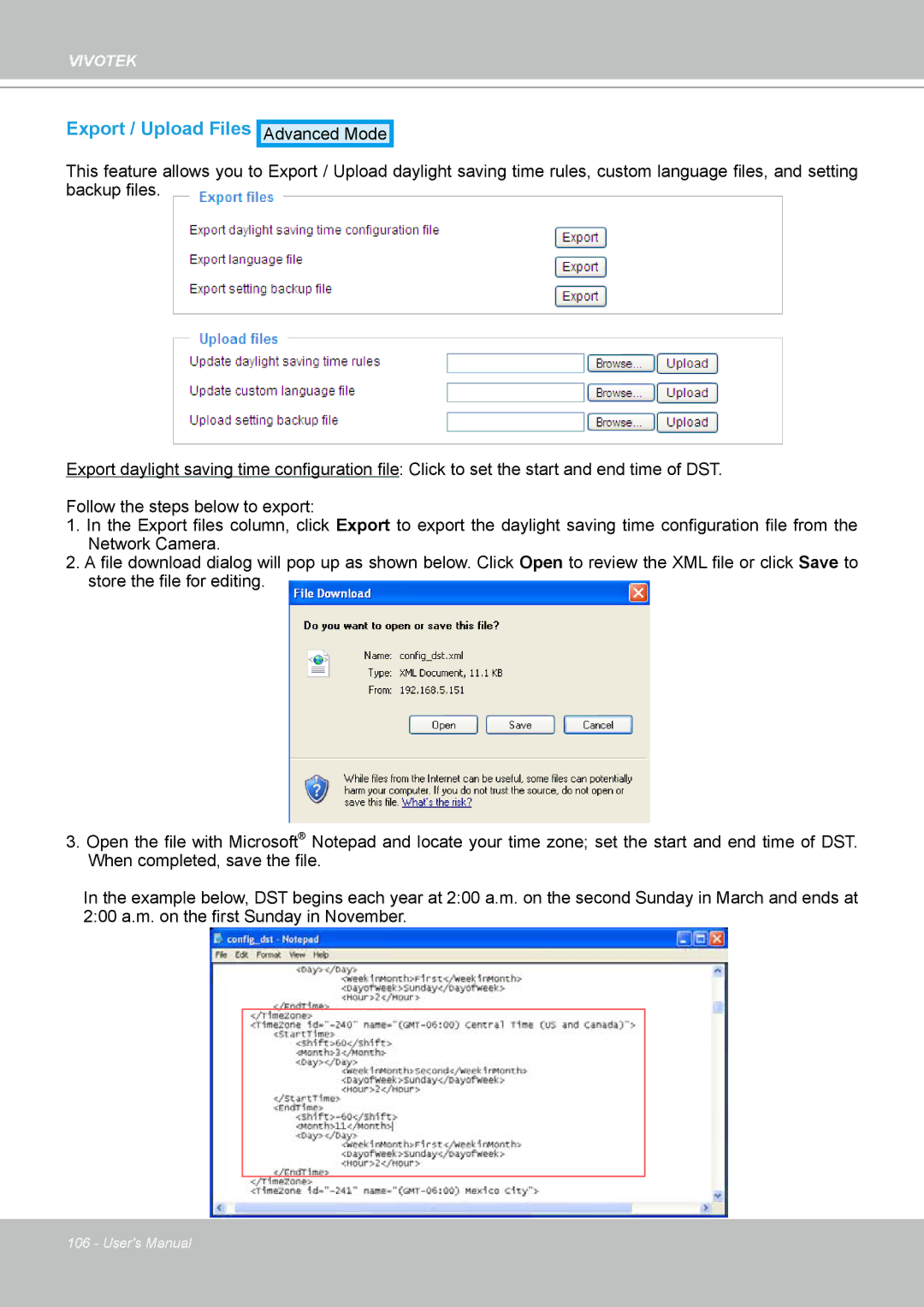 Vivotek PT8133 user manual Export / Upload Files 