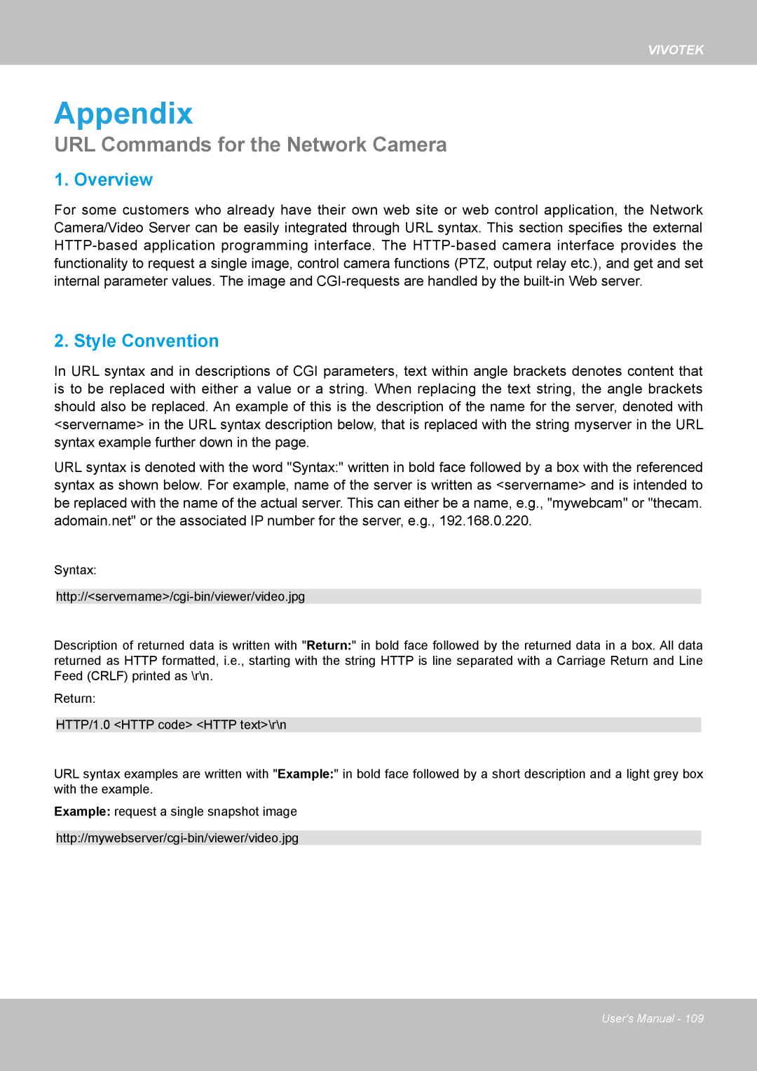 Vivotek PT8133 user manual Appendix, URL Commands for the Network Camera 