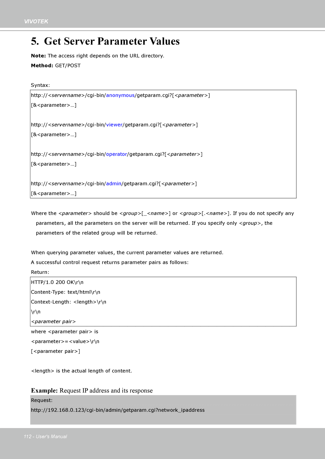 Vivotek PT8133 user manual Get Server Parameter Values 