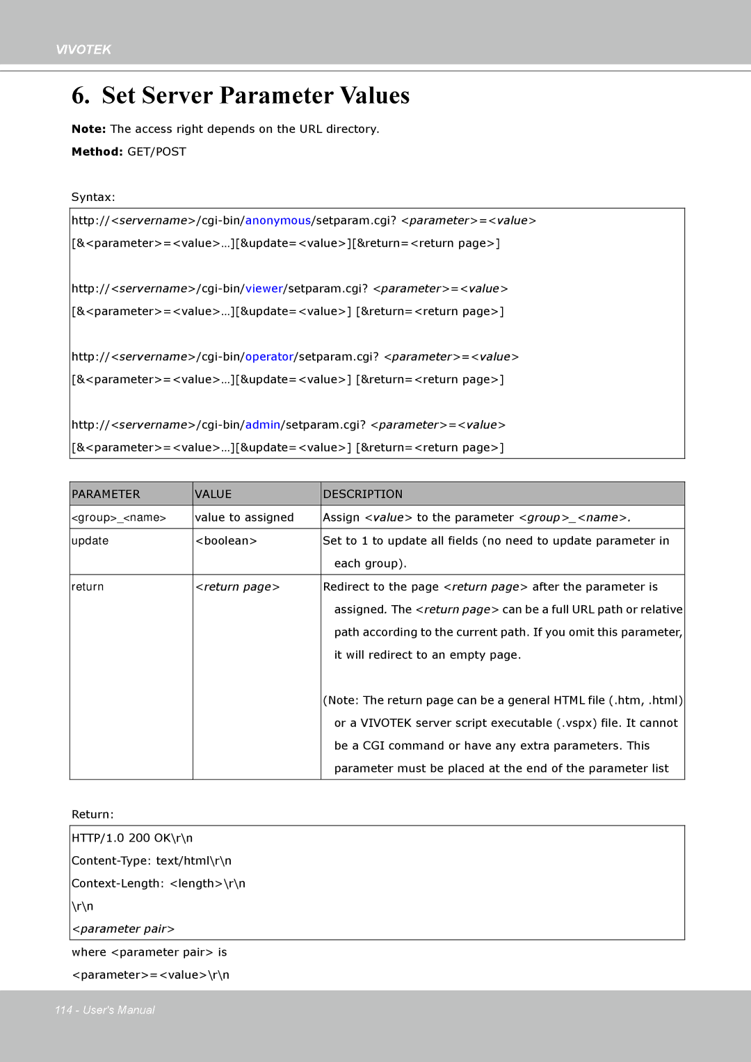 Vivotek PT8133 user manual Set Server Parameter Values, Parameter Value Description 