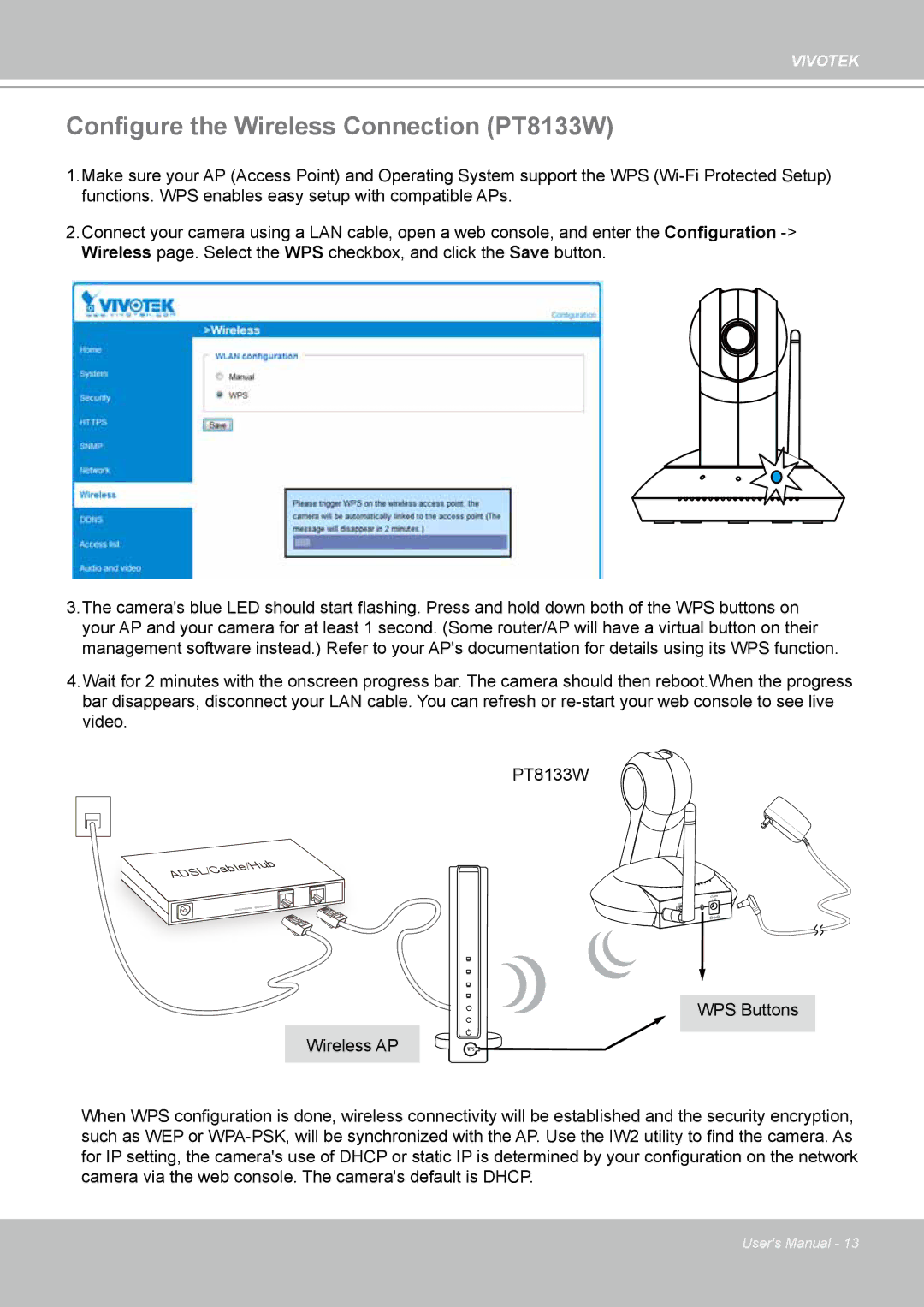 Vivotek user manual Configure the Wireless Connection PT8133W 