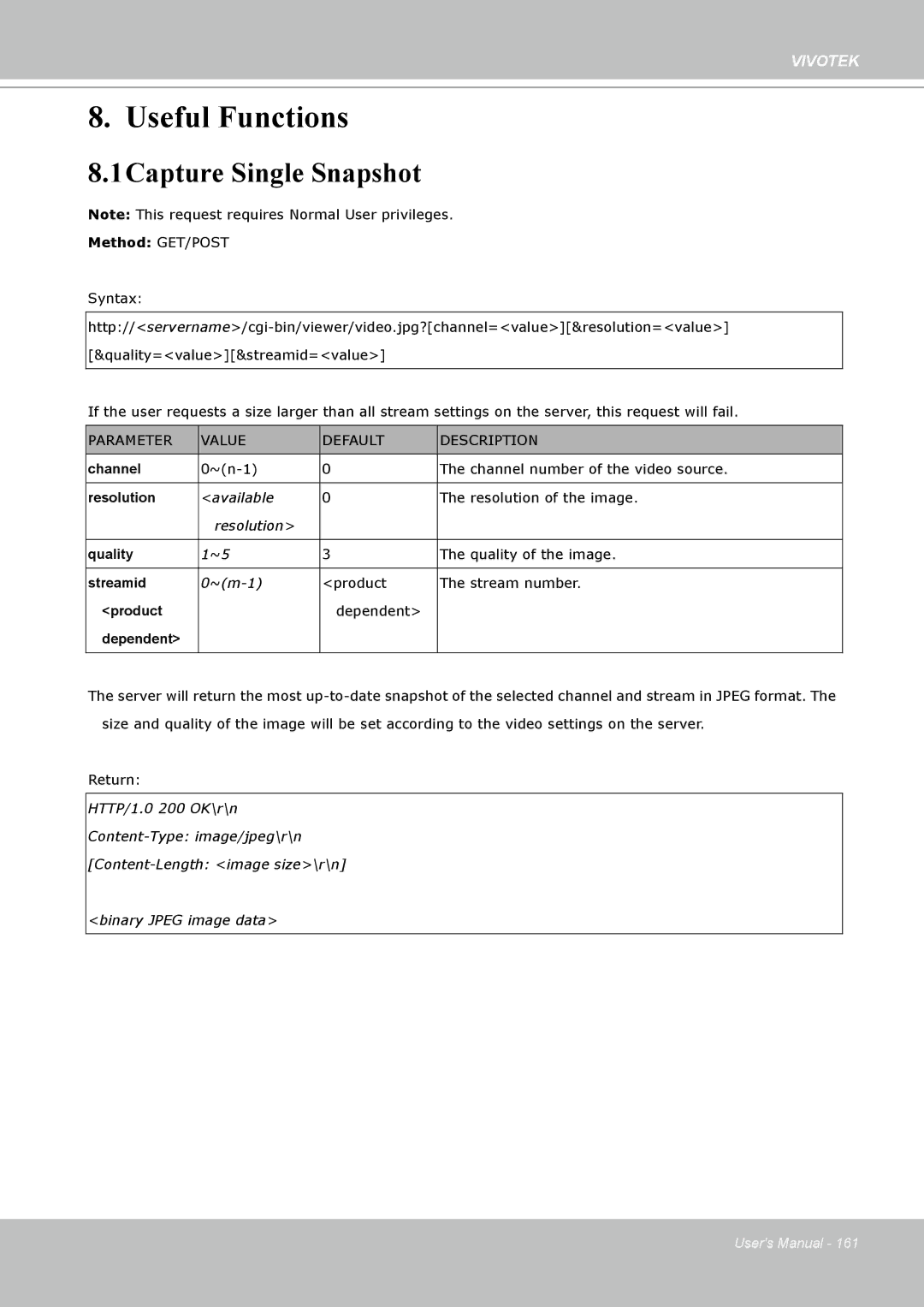 Vivotek PT8133 user manual 1Capture Single Snapshot, Parameter Value Default Description 