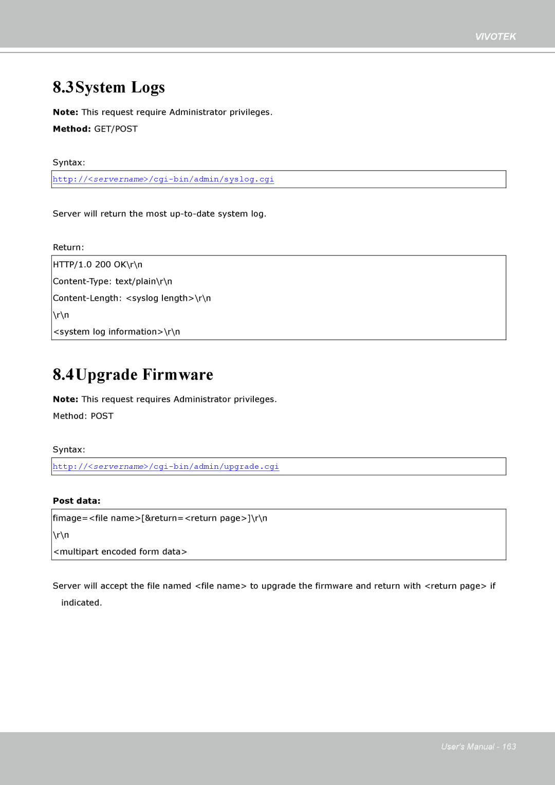 Vivotek PT8133 user manual 3System Logs, 4Upgrade Firmware 