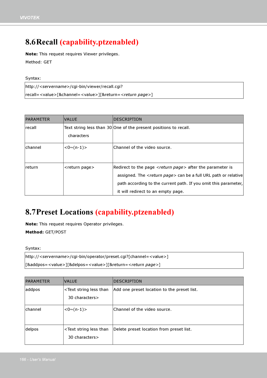 Vivotek PT8133 user manual 6Recall capability.ptzenabled 