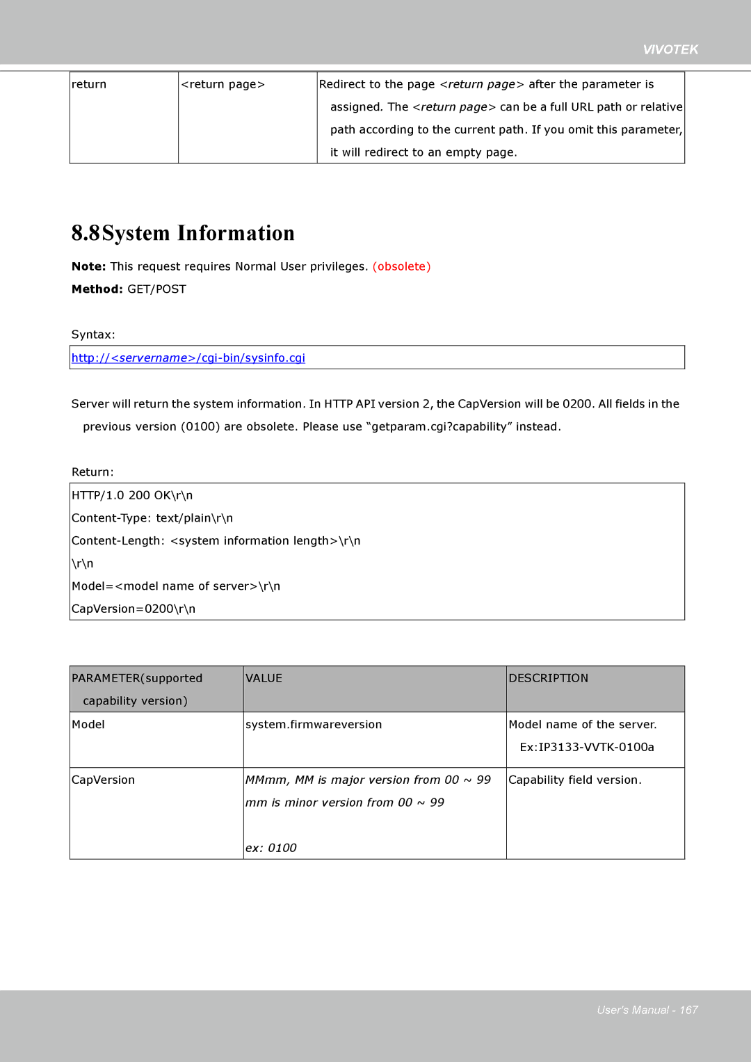 Vivotek PT8133 user manual 8System Information, Value Description 