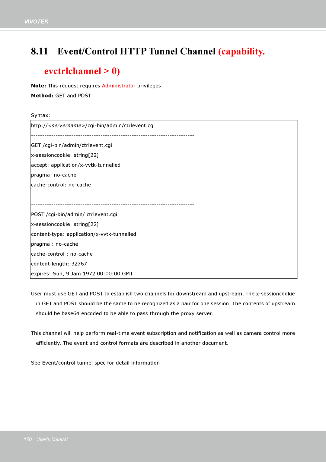 Vivotek PT8133 user manual Event/Control Http Tunnel Channel capability, Evctrlchannel 