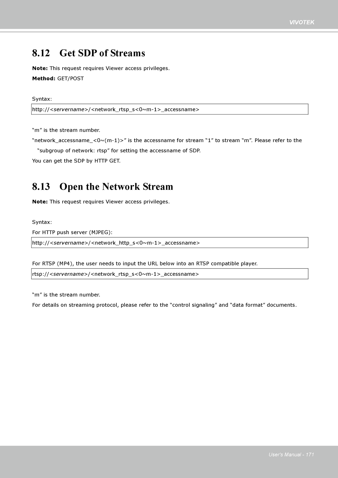 Vivotek PT8133 user manual Get SDP of Streams, Open the Network Stream 