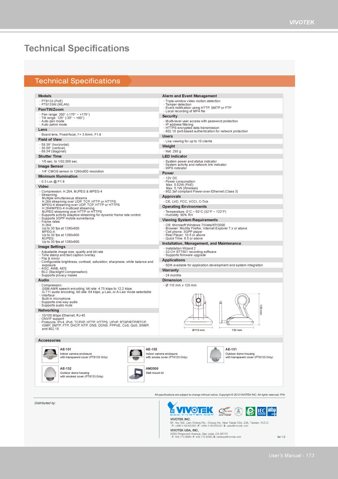 Vivotek PT8133 user manual Technical Specifications 