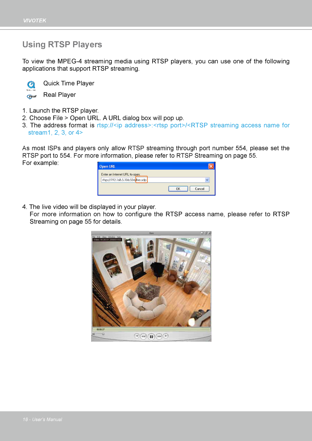 Vivotek PT8133 user manual Using Rtsp Players 