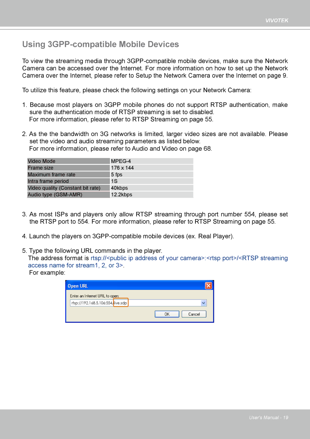 Vivotek PT8133 user manual Using 3GPP-compatible Mobile Devices, MPEG-4 