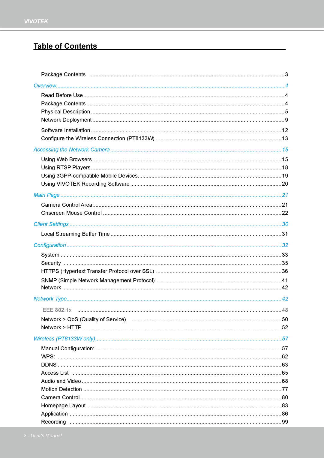 Vivotek PT8133 user manual Table of Contents 