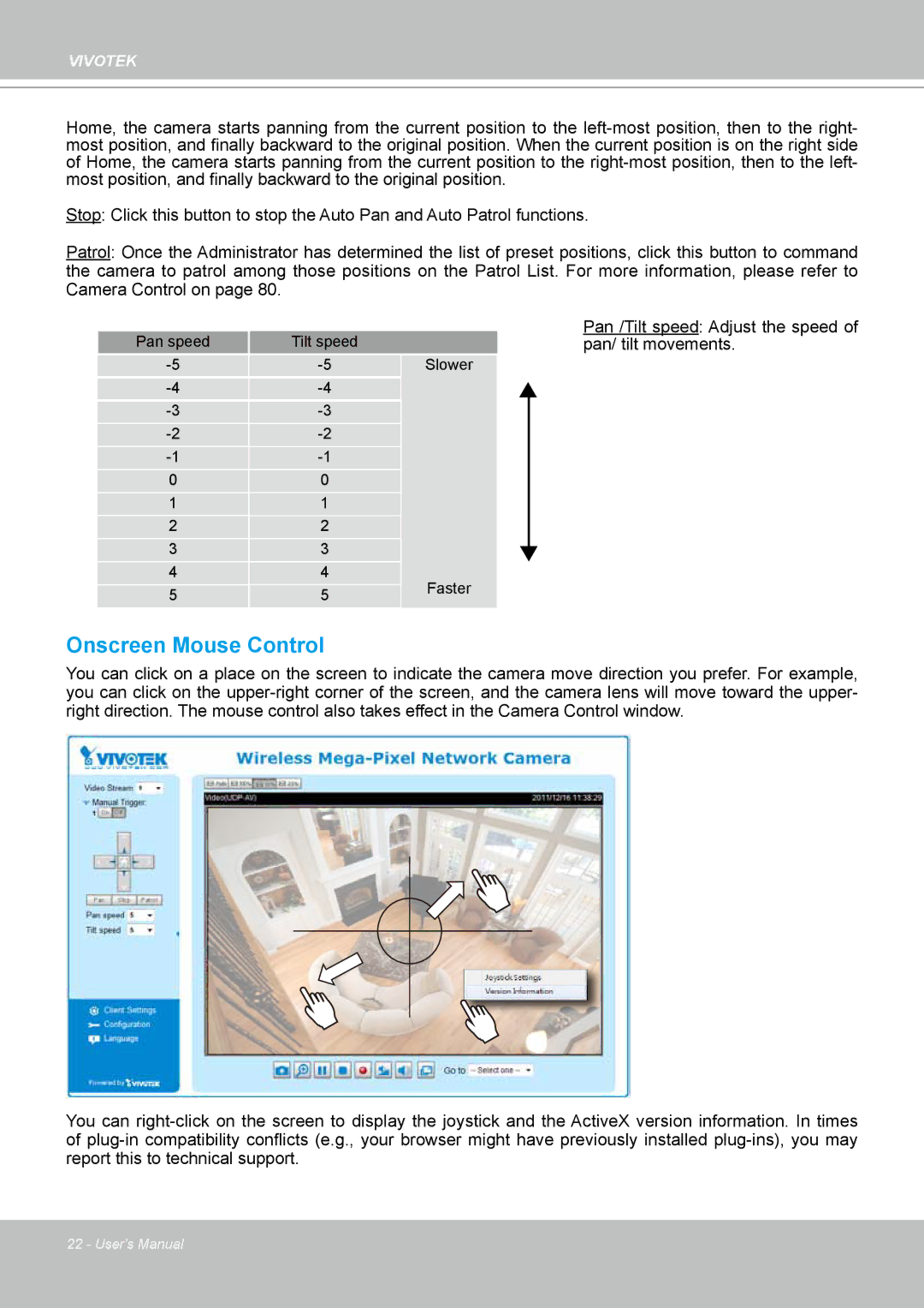 Vivotek PT8133 user manual Onscreen Mouse Control 