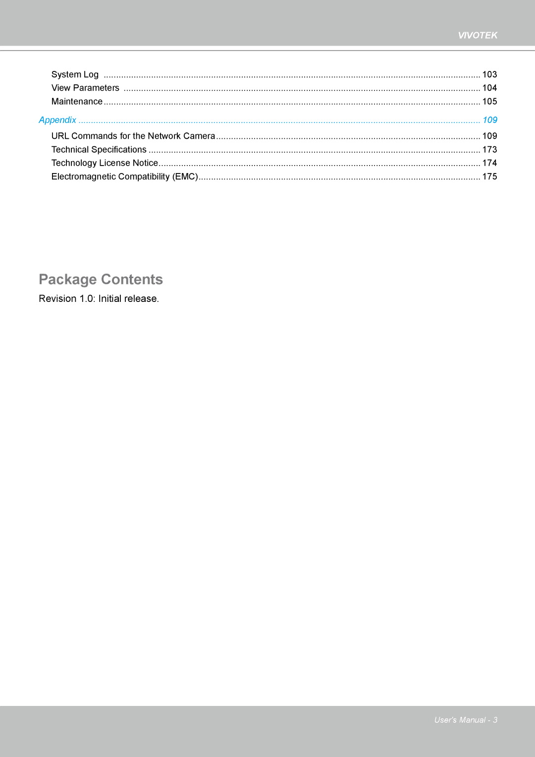 Vivotek PT8133 user manual Package Contents, 105 