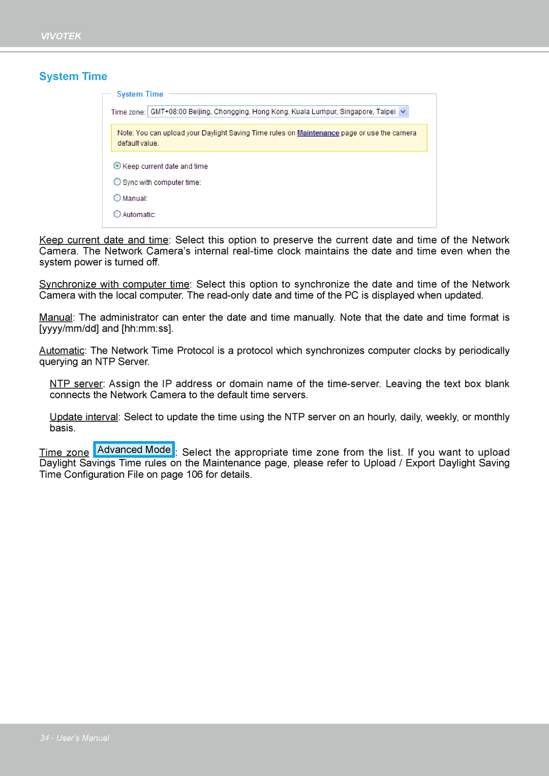 Vivotek PT8133 user manual System Time 
