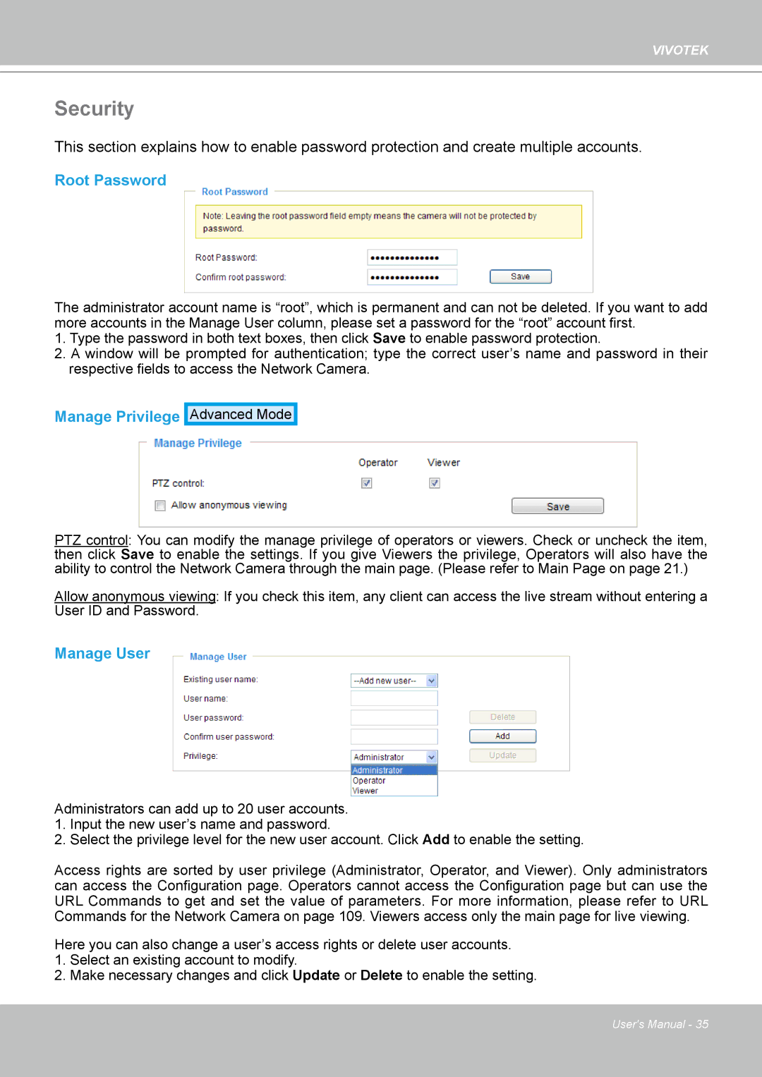 Vivotek PT8133 user manual Security, Root Password, Manage Privilege, Manage User 